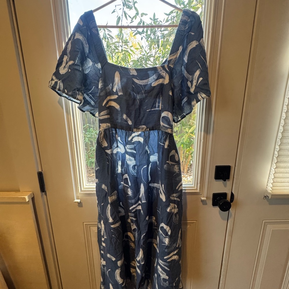 Blue and White Printed Midi Dress
